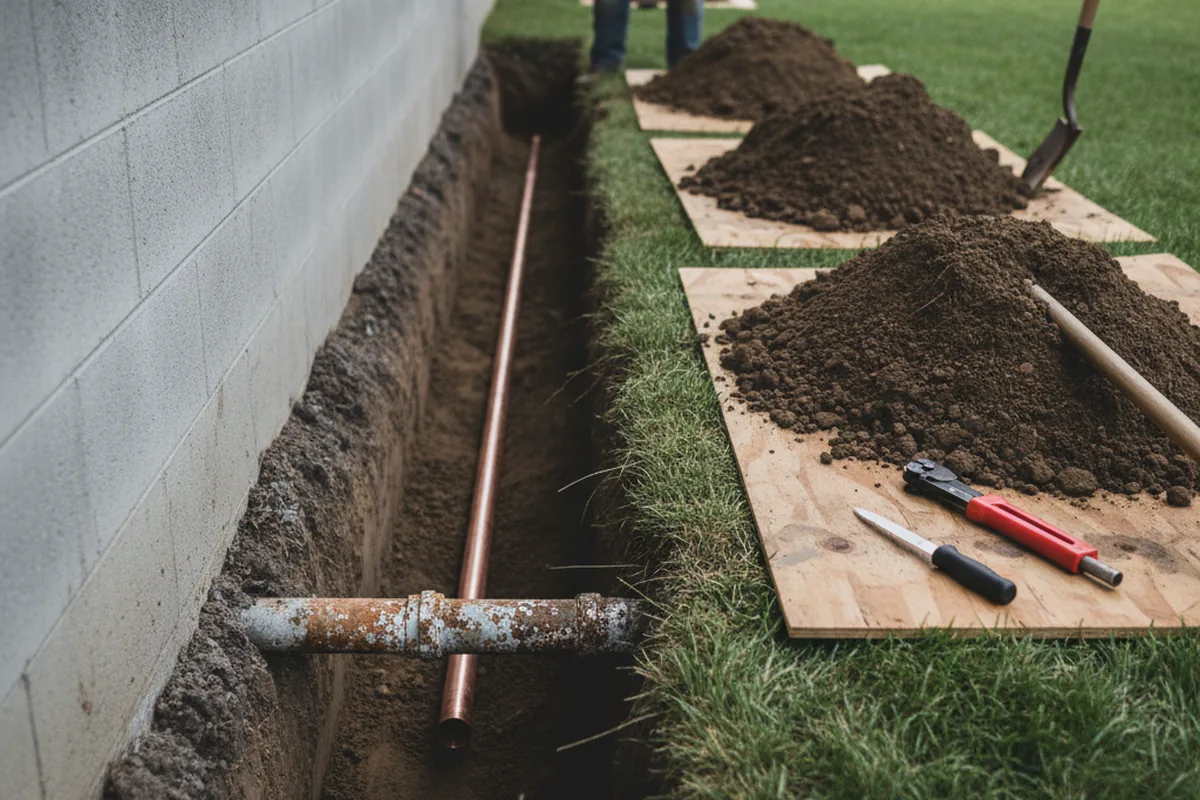 Excavated water line trench during Sewer Line Repair in Slaughters